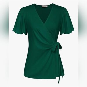 Grace Karin Deep Green V-Neck Wrap Blouse - NWT